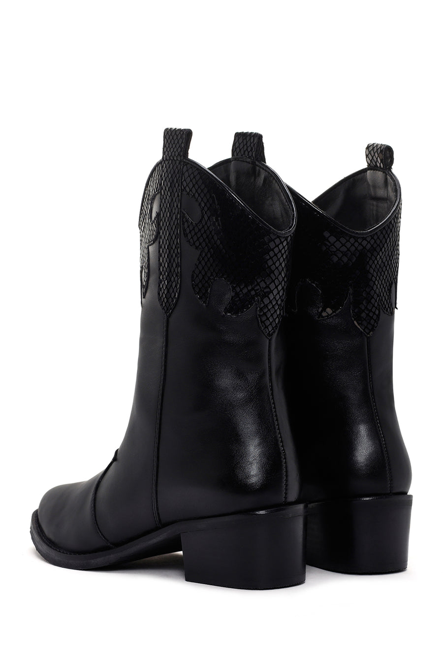 Women's Black Leather Heeled Cowboy Boots