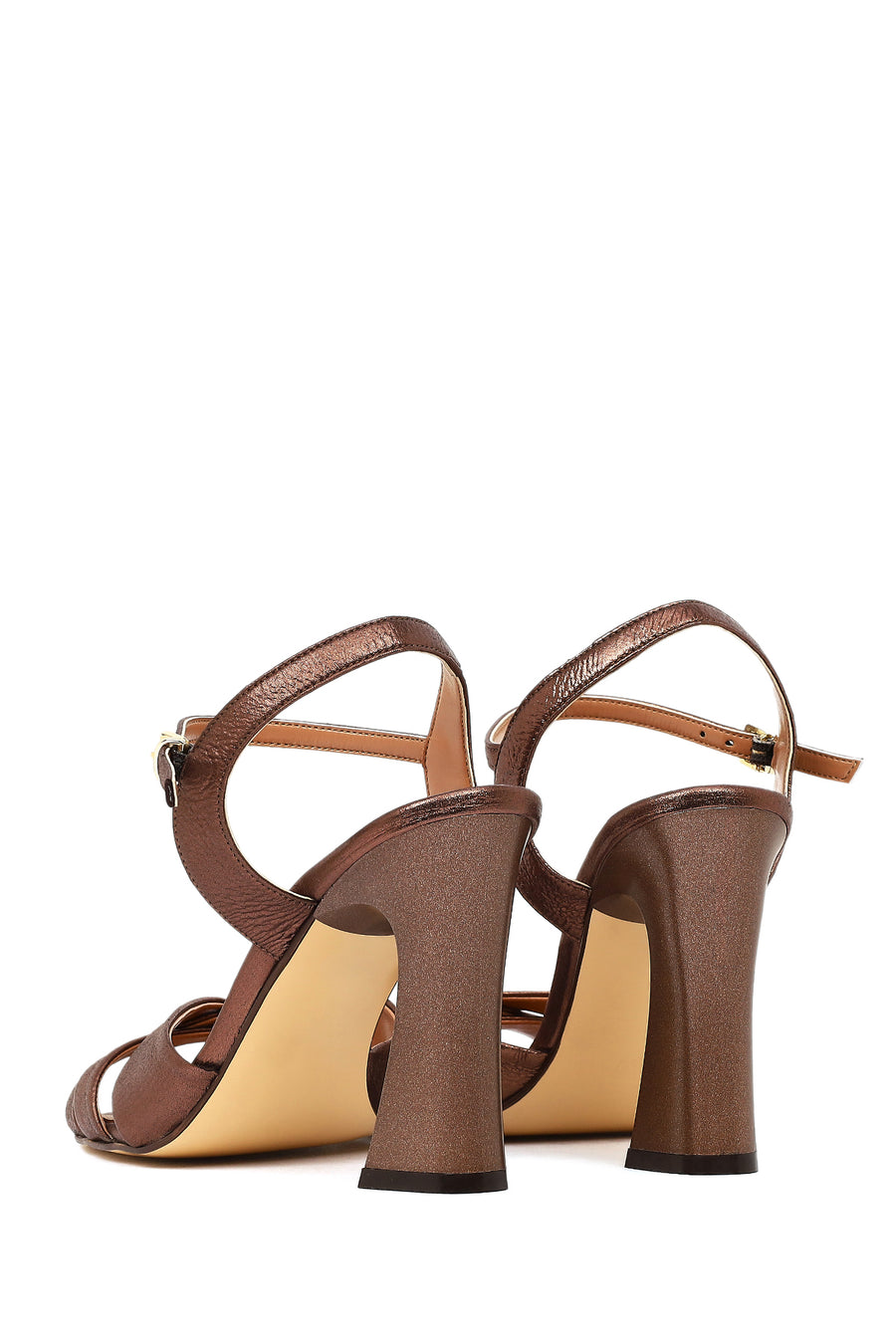 Women's Copper Ankle Buckle High Thick Heel Metallic Leather Sandals