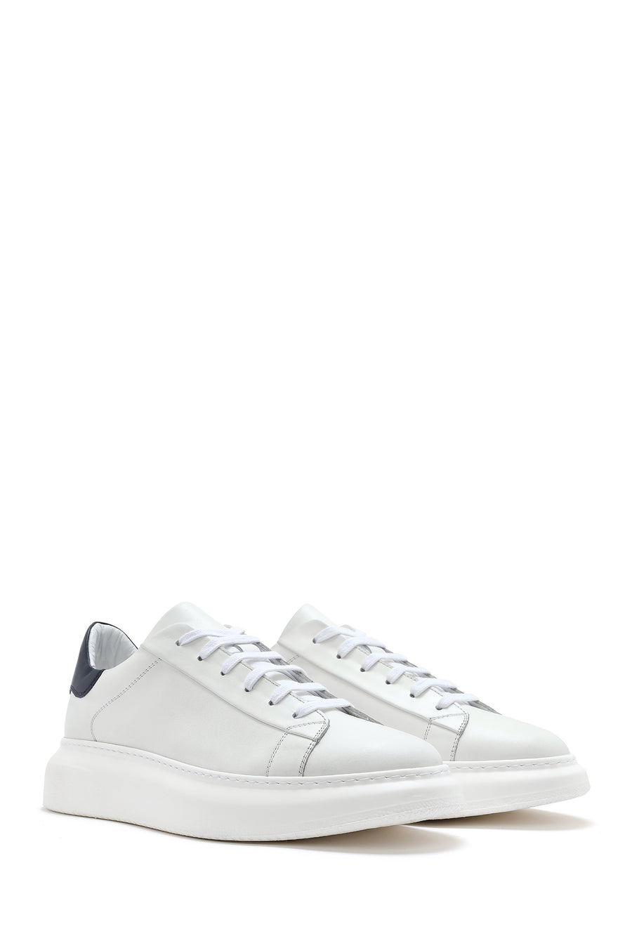 Men's White Lace-up Thick-Sole Leather Sneaker