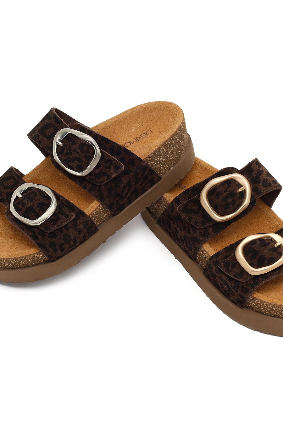 Women's Brown Double Buckle Leopard Print Chunky Sole Suede Leather Slippers