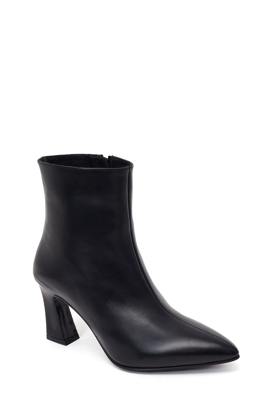 Kadın Siyah Fermuarlı Kalın Topuklu Deri Bot