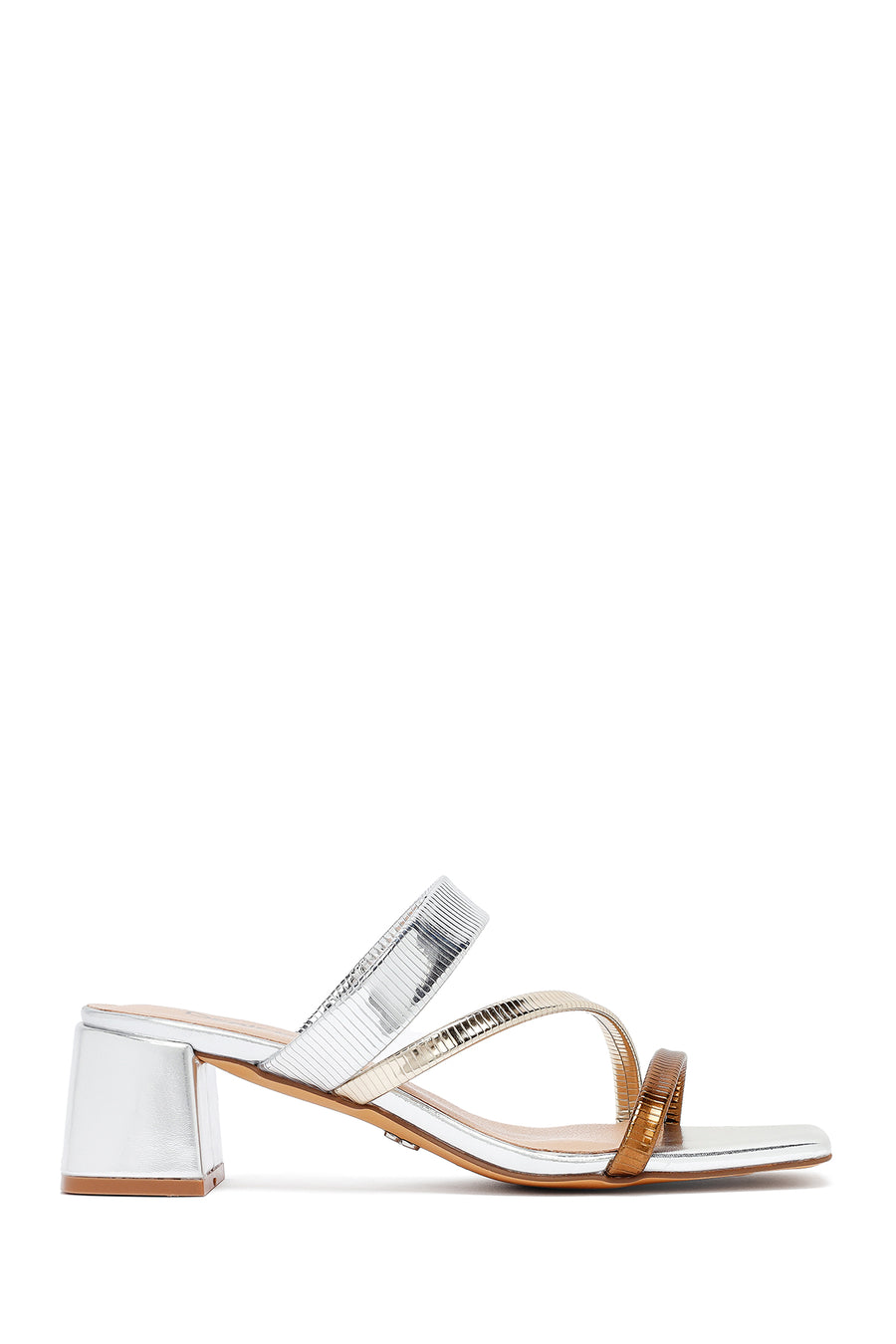 Woman Bronze Short Thick Heel Metallic Slippers