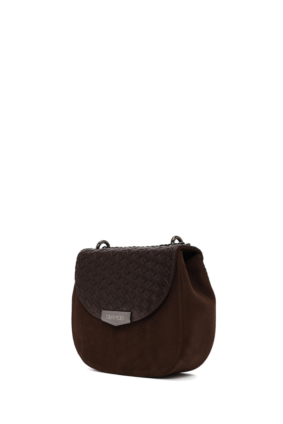 Woman Brown Chain Long-Strap Braided Crossbody Bag