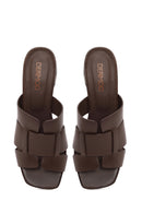 Woman Brown Short Thick-Heeled Leather Slipper | Derimod