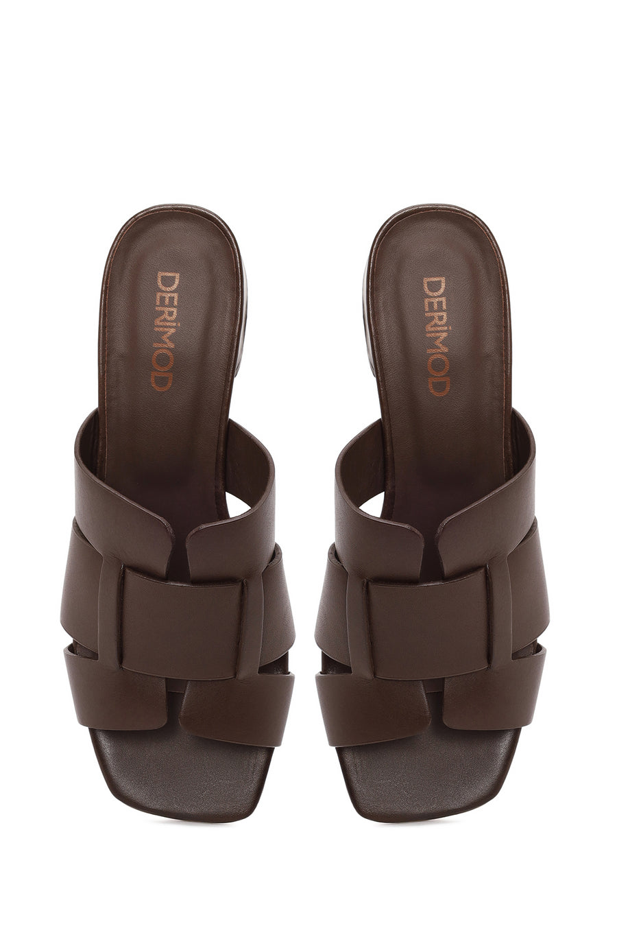 Woman Brown Short Thick-Heeled Leather Slipper