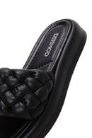 Women's Black Leather Braided Comfort Slippers | Derimod