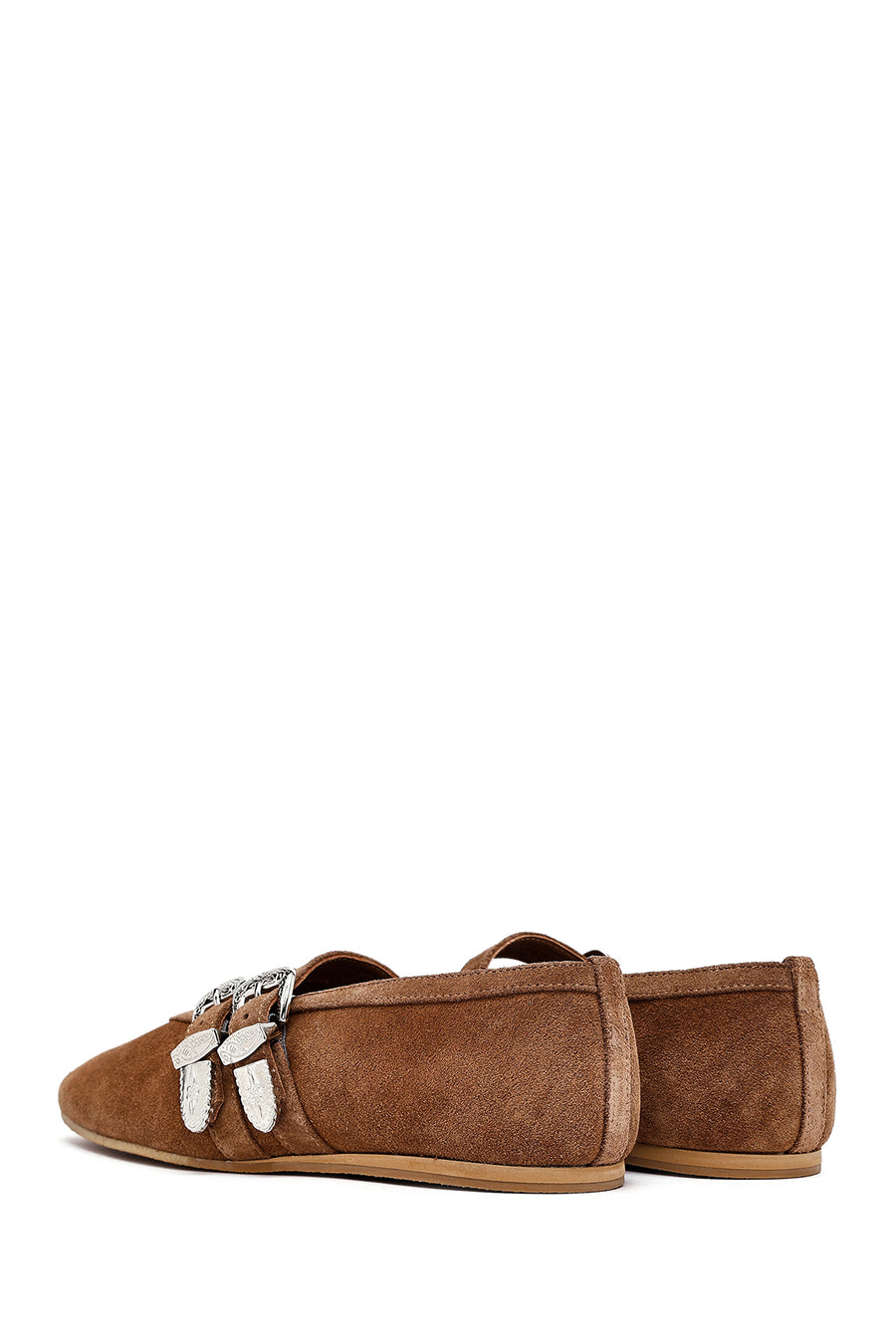 Women's Tan Double Buckled Suede Leather Ballerinas