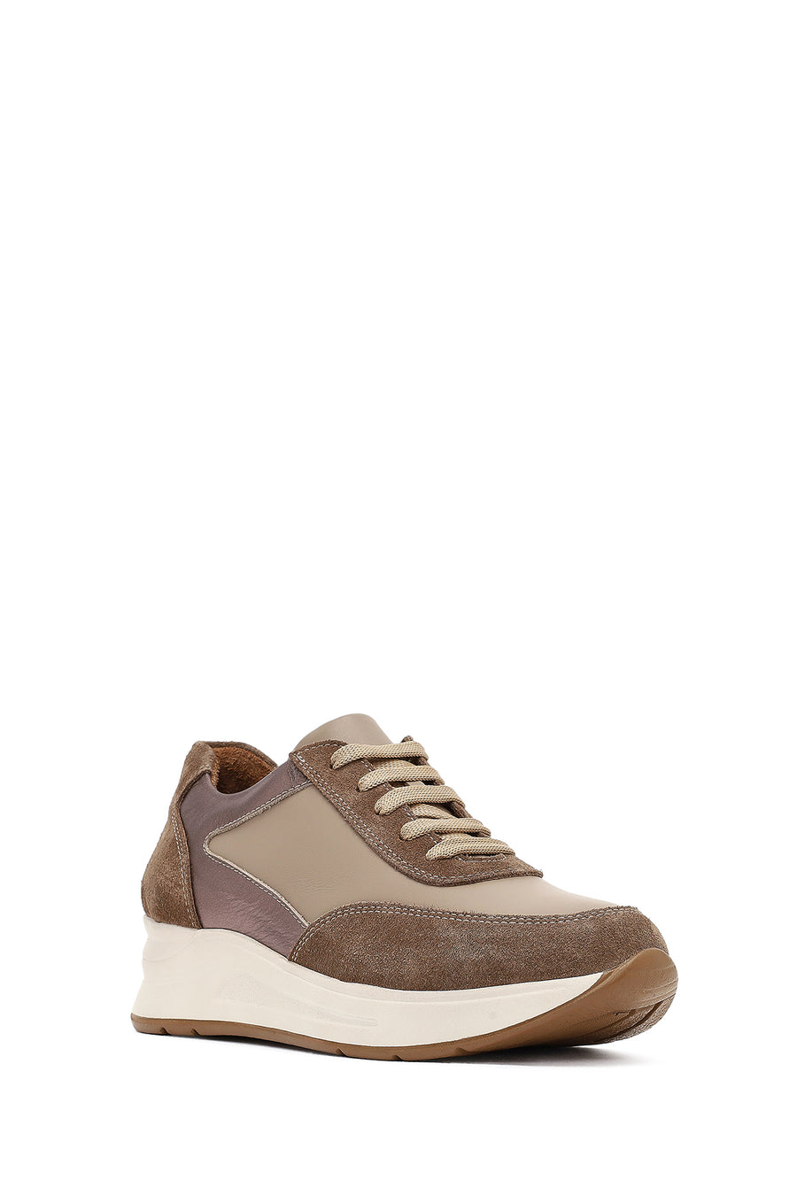 Kadın Vizon Bağcıklı Dolgu Topuklu Deri Sneaker