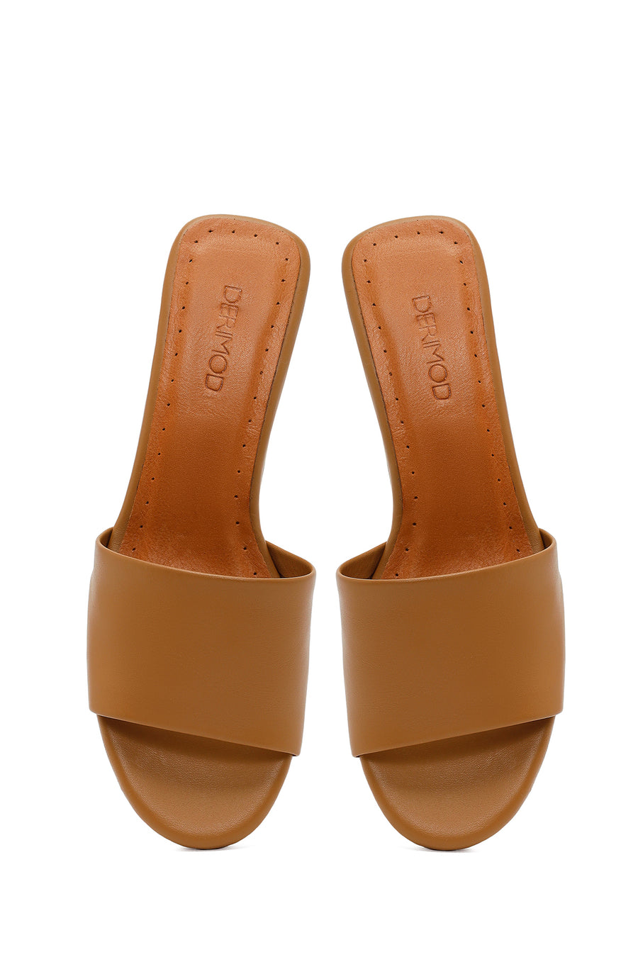 Women's Beige Short Platform Heel Leather Slippers