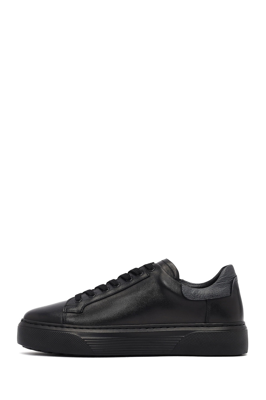 Erkek Siyah Bağcıklı Kalın Tabanlı Deri Sneaker