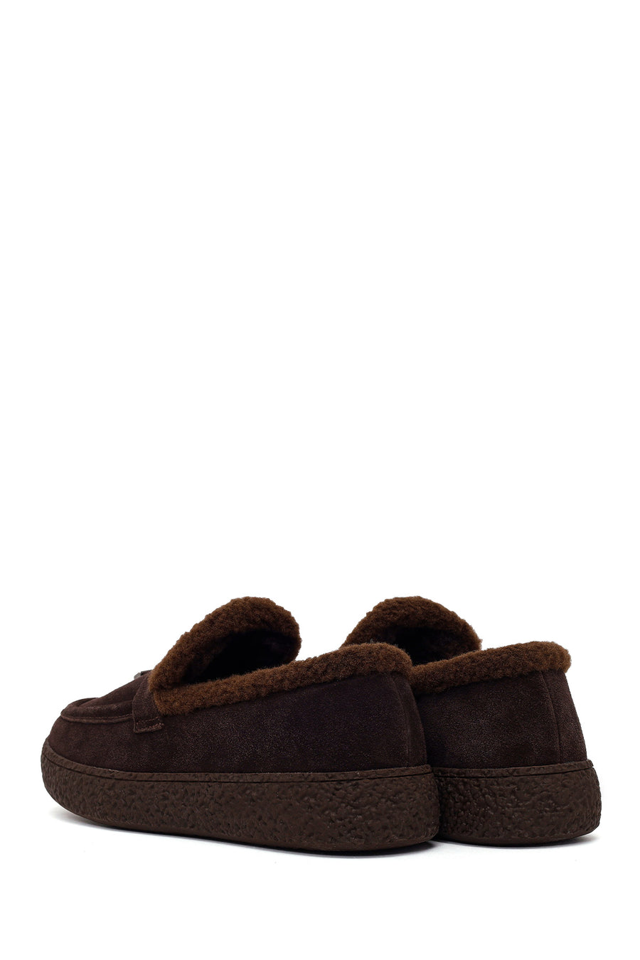 Kadın Kahverengi Tokalı Kalın Tabanlı Süet Deri Teddy Loafer