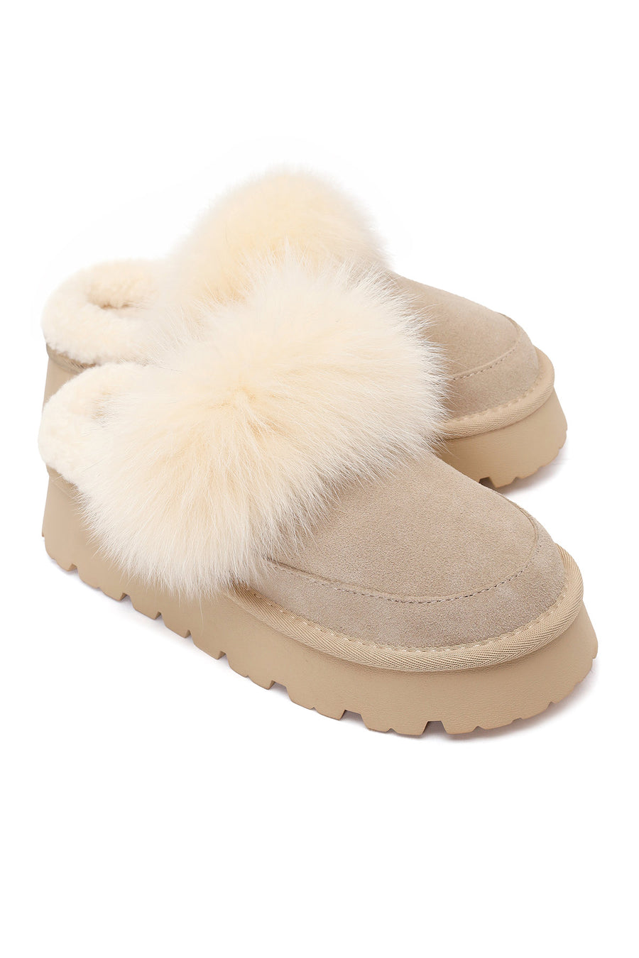 Kadın Bej Kalın Tabanlı Peluş Süet Deri Teddy Terlik