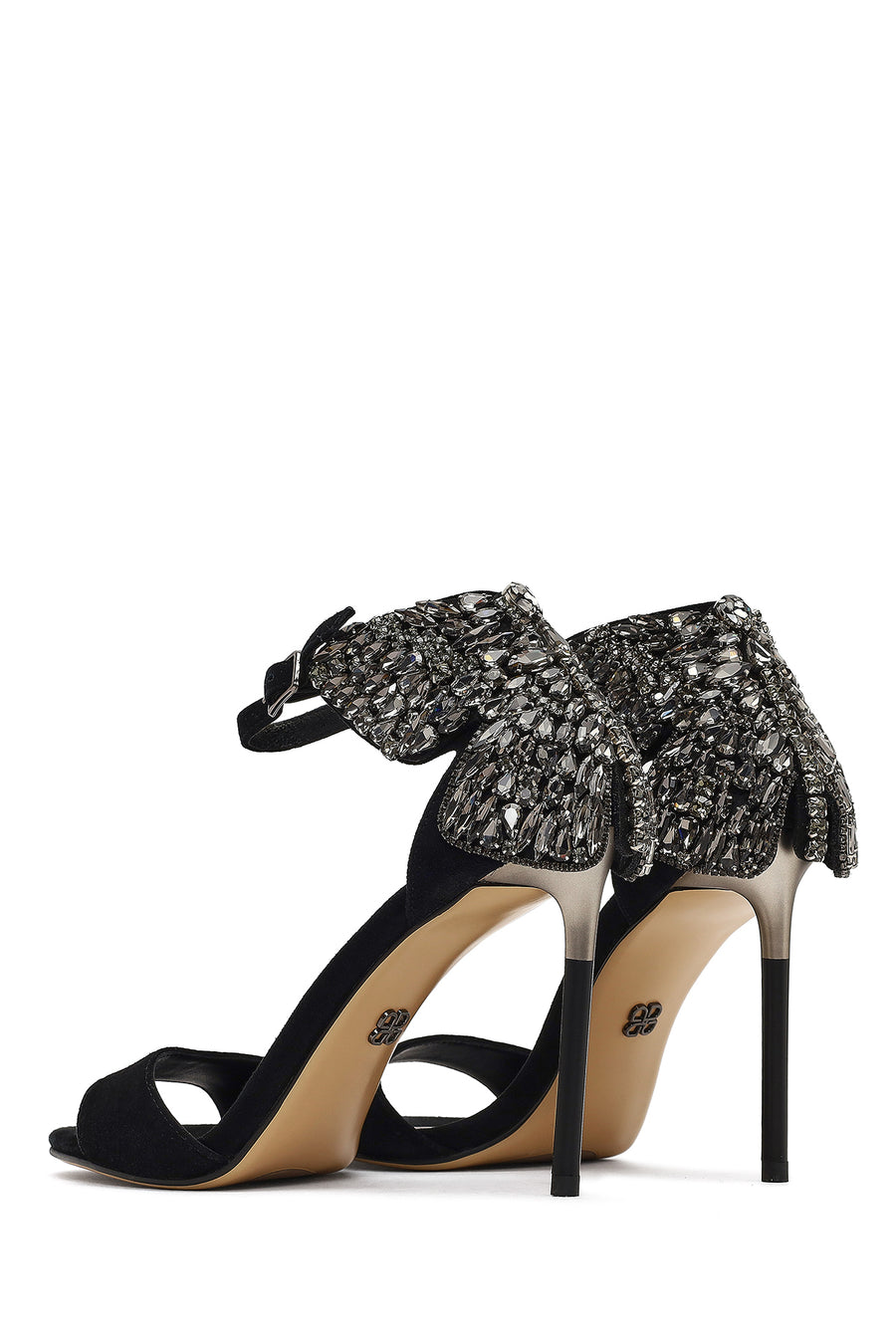 Women's Black Ankle Buckle Stone High Thin Heel Suede Leather Shoe