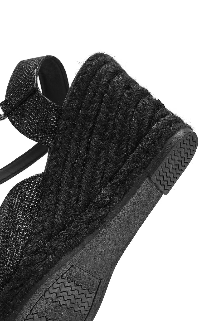 Women's Black Glitter Ankle Buckle Wedge Heel Espadrille Sandals