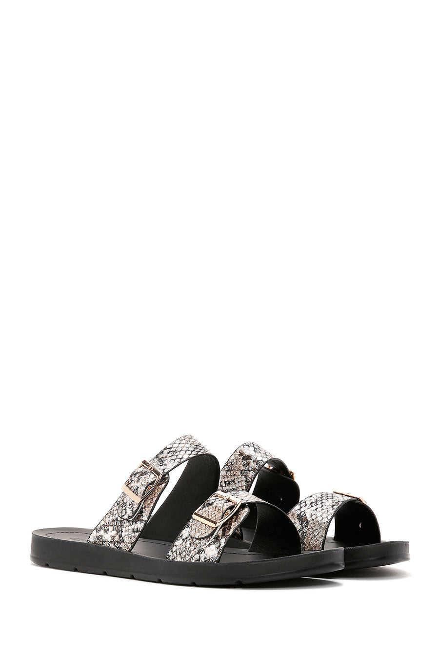Women's Black Double Buckled Patterned Slippers