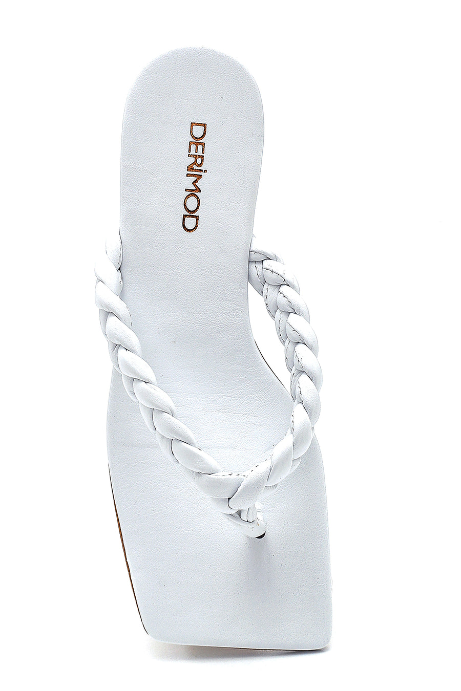 Women's White Leather Knitted Detailed Flip Flops