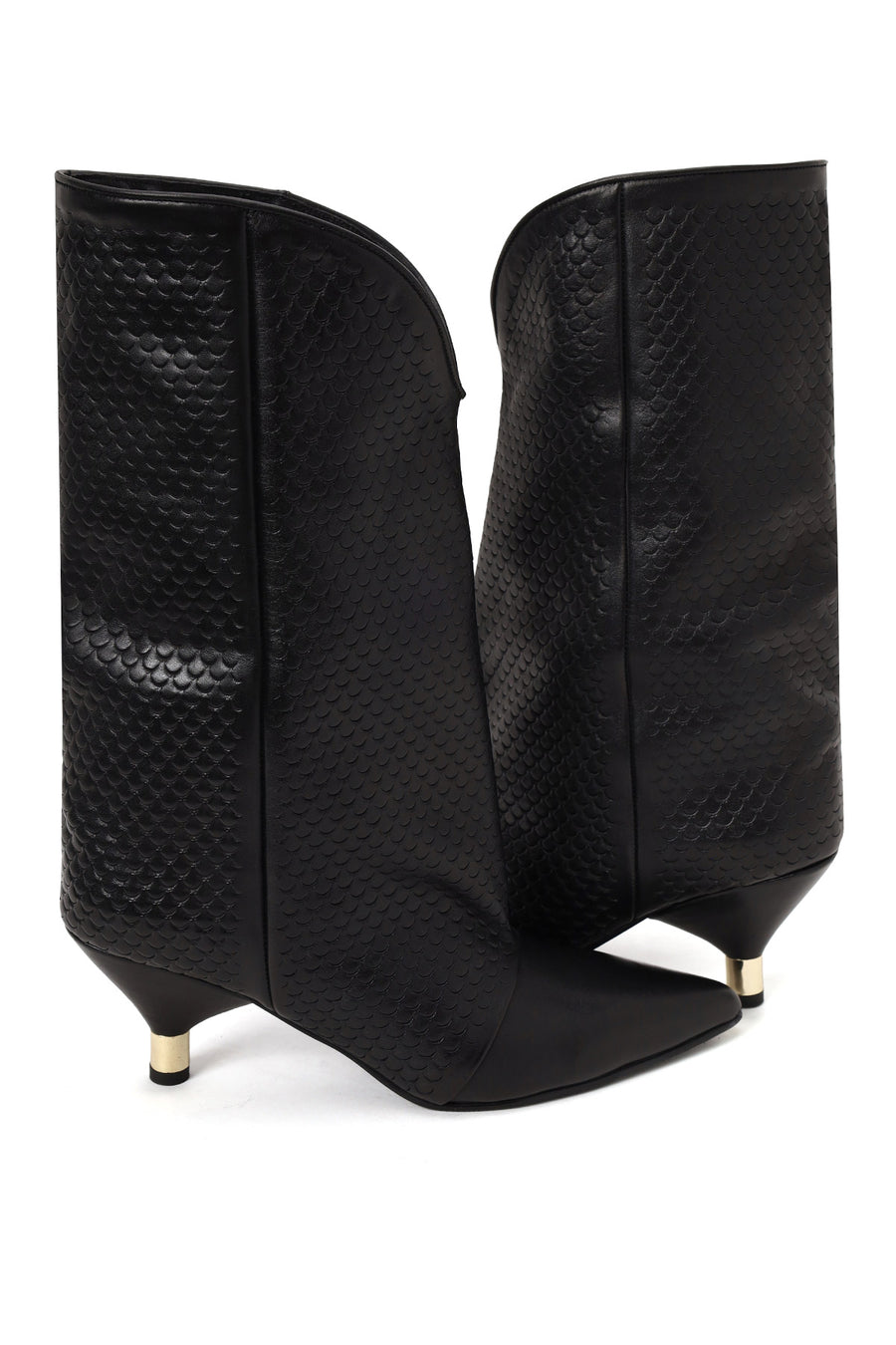 Woman Black Printed Thin-Heel Leather Boots