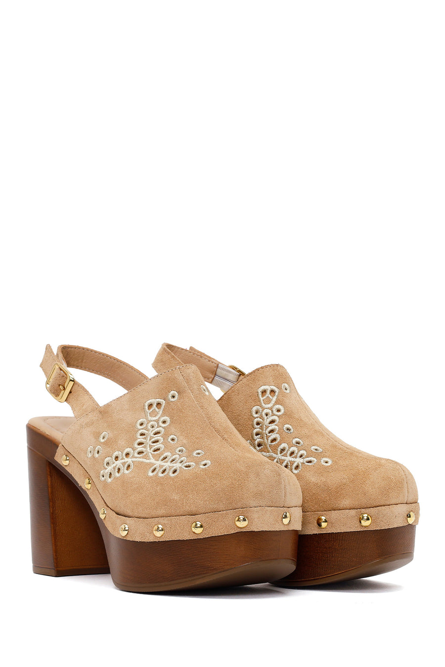 Woman Beige Ankle-Buckle Platform High Chunky High-Heel Suede Sandal