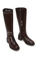 Woman Brown Zip Closure Thick-Heeled Leather Boots | Derimod