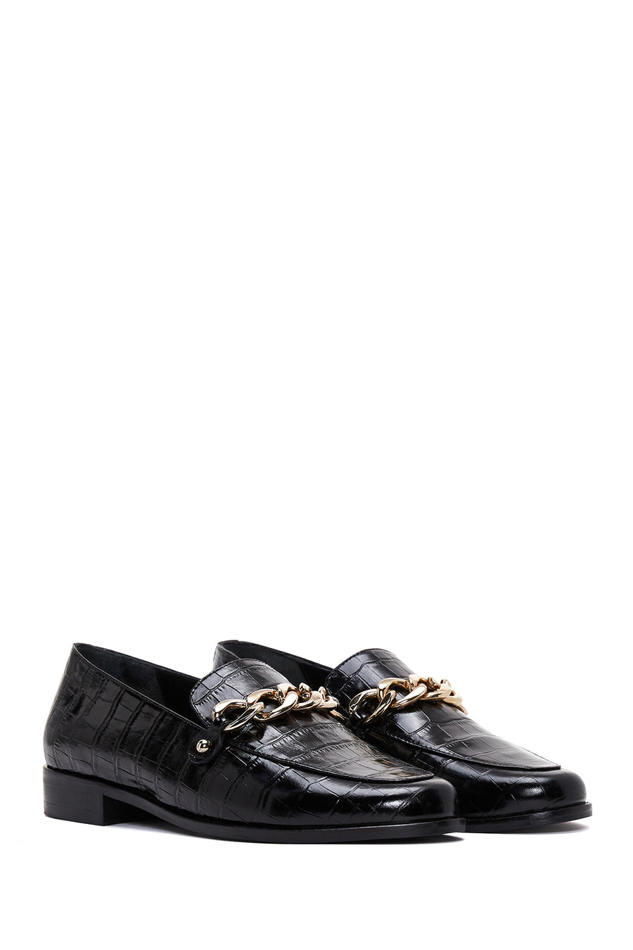 Kadın Siyah Deri Kroko Klasik Loafer