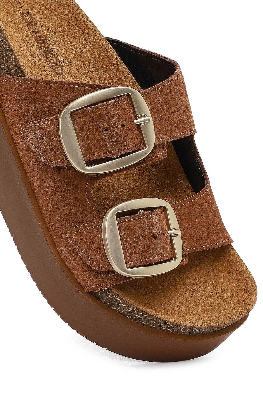 Women's Tan Double Buckle Thick Sole Suede Leather Slippers