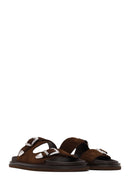 Woman Brown Double-Buckle Suede Slipper | Derimod