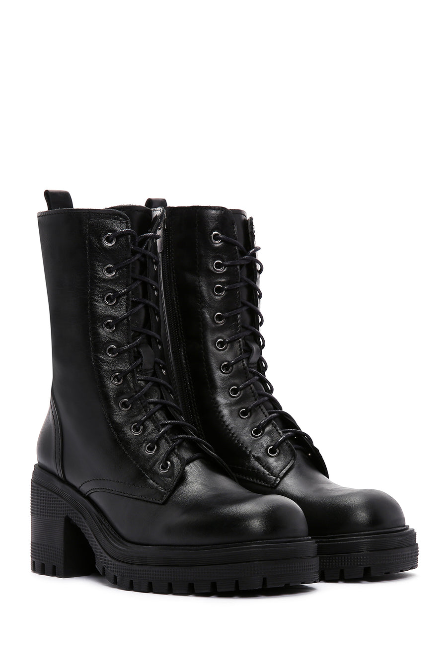 Women's Black Leather Heeled Zippered Boots