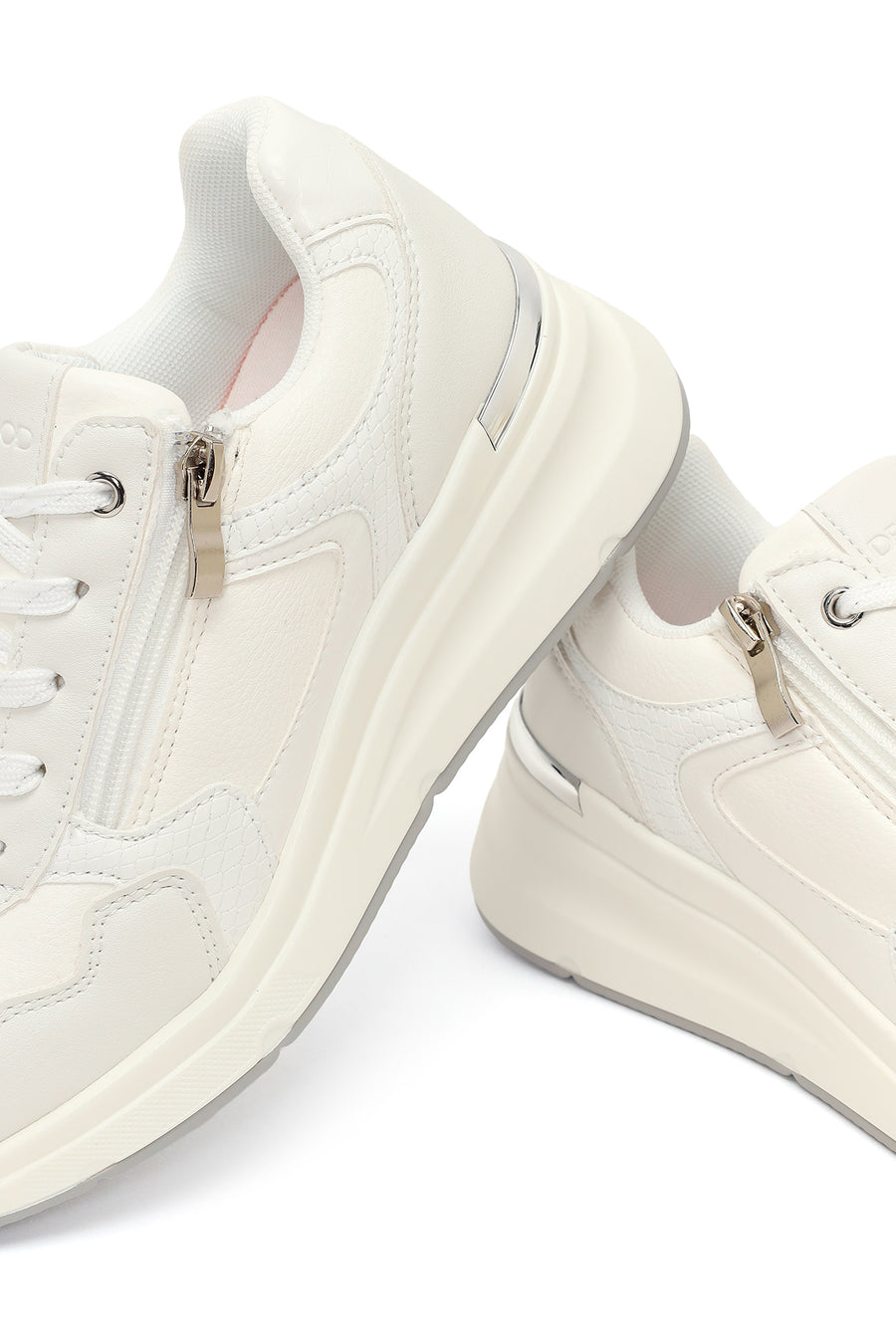 Kadın Beyaz Yandan Fermuarlı Bağcıklı Kalın Tabanlı Sneaker
