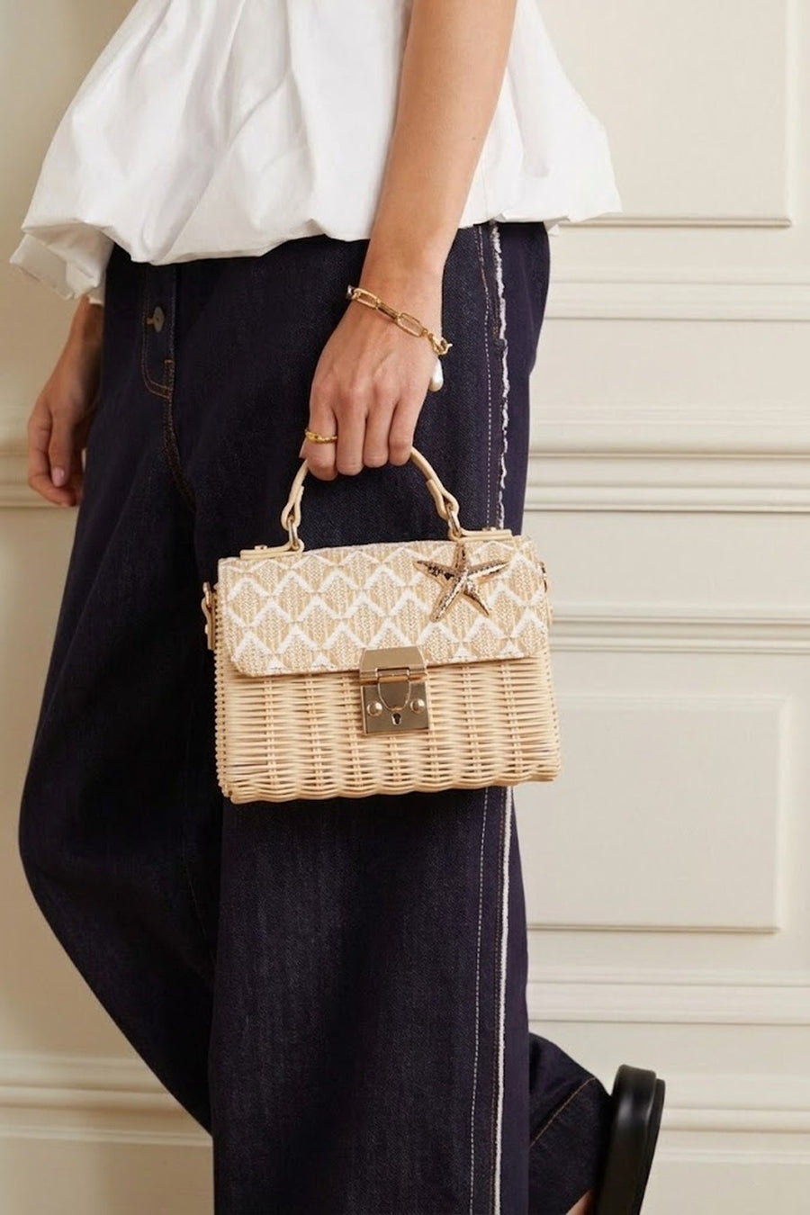 Woman Beige Long-Strap Stone-Embellished Woven Mini Crossbody Bag