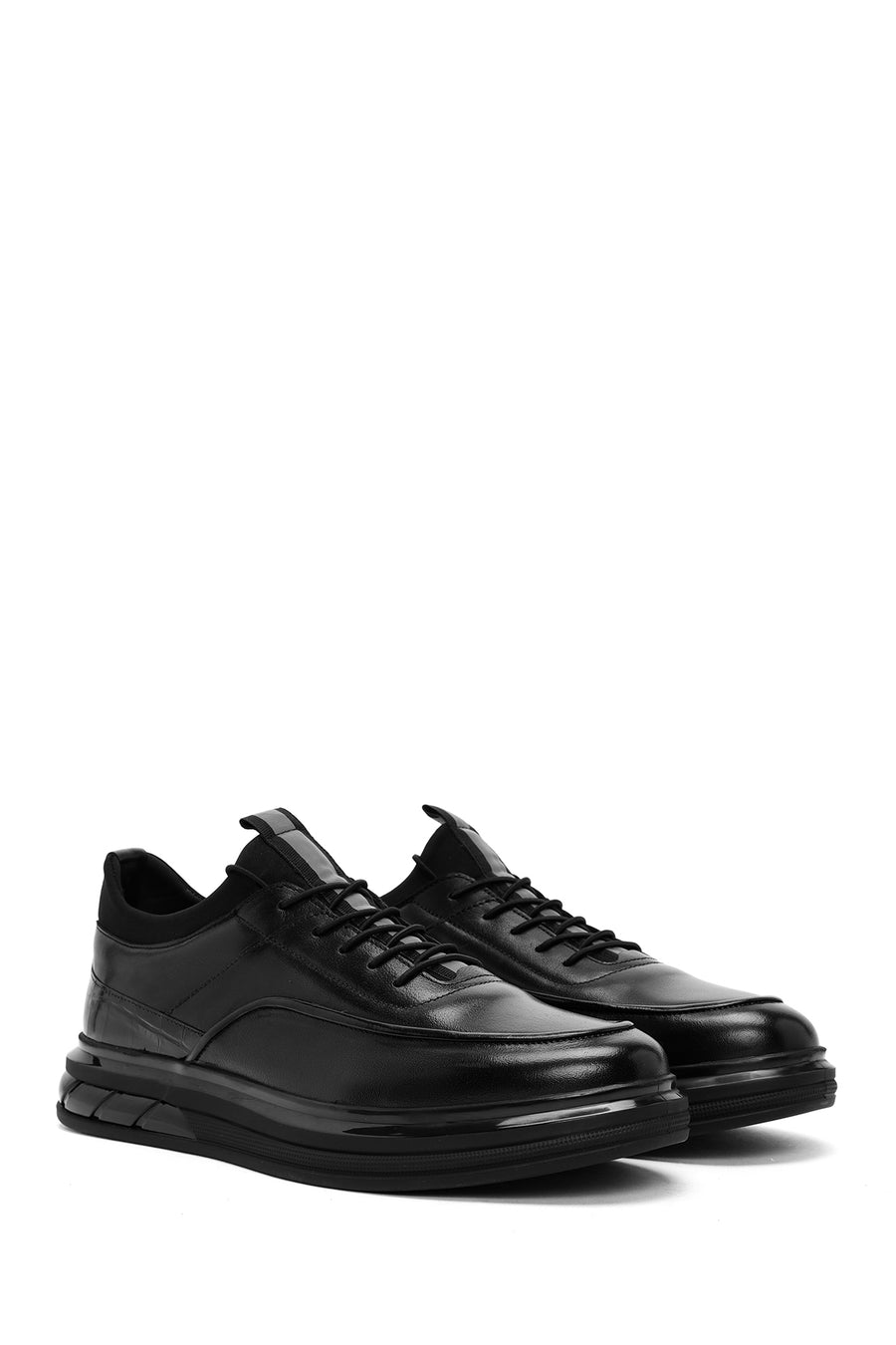 Erkek Siyah Bağcıklı Deri Casual Sneaker