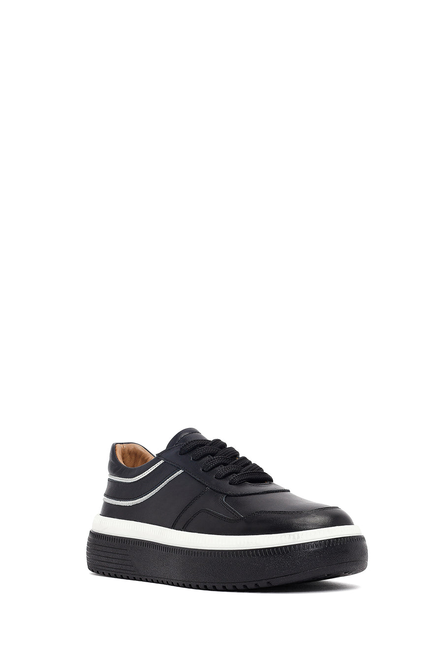 Women's Black Lace-Up Thick-Soled Leather Sneaker