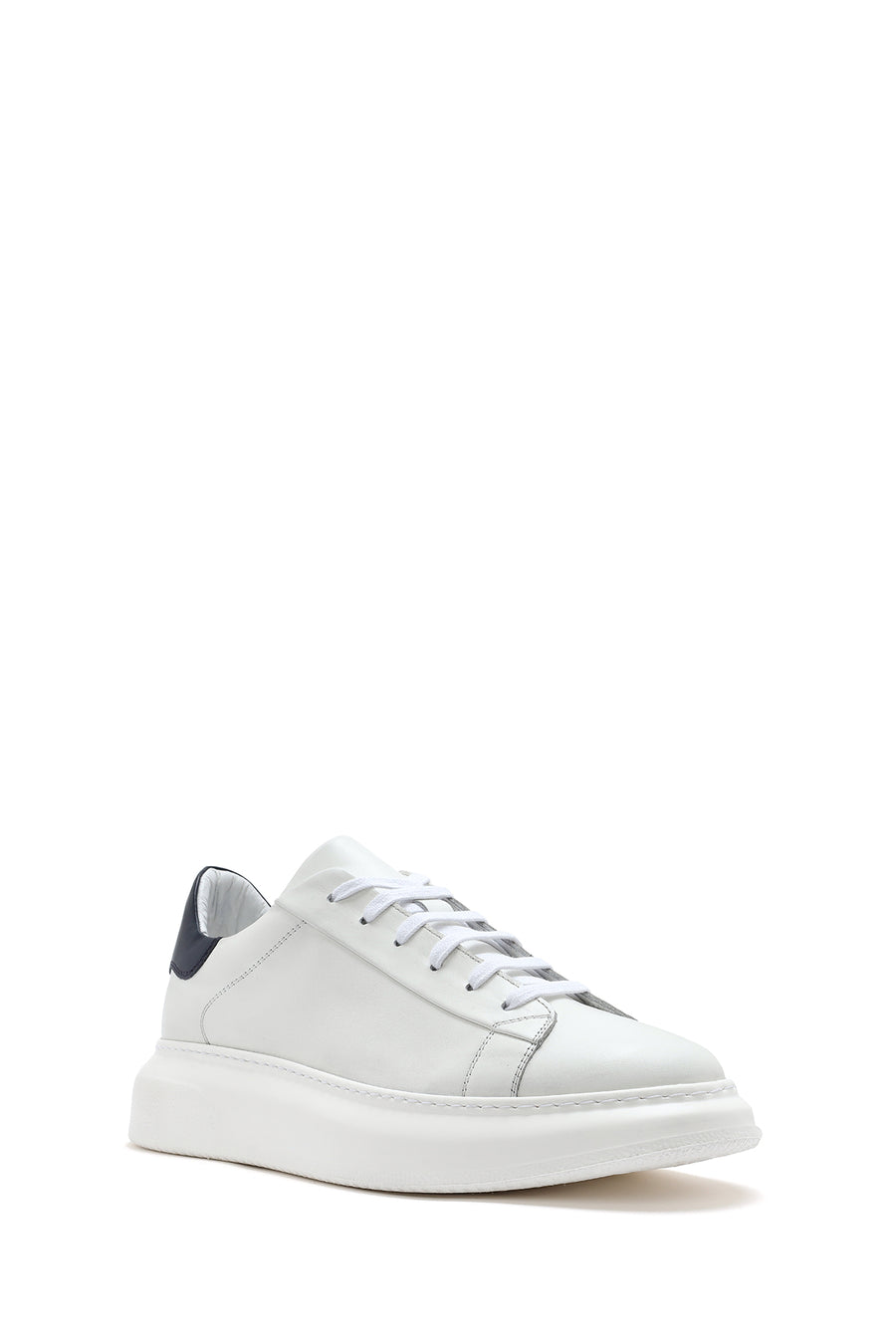 Men's White Lace-up Thick-Sole Leather Sneaker