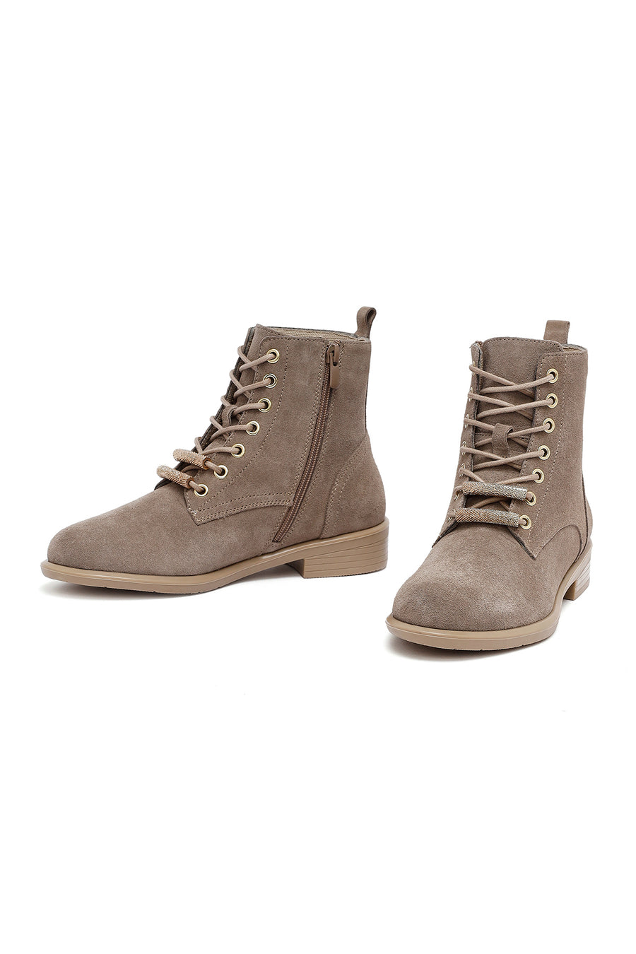 Woman Beige Lace-Up Zippered Suede Leather Boat