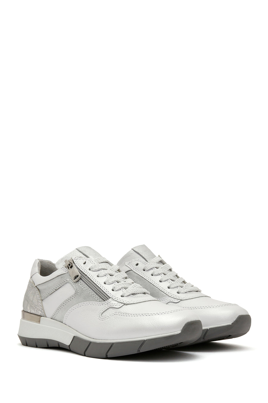Women's White Lace-Up Side Zipper Leather Sneaker