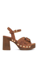 Woman Brown Ankle-Buckle Platform Chunky High-Heel Suede Sandals | Derimod