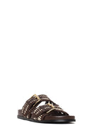 Woman Brown Double Buckle Braided Slippers | Derimod