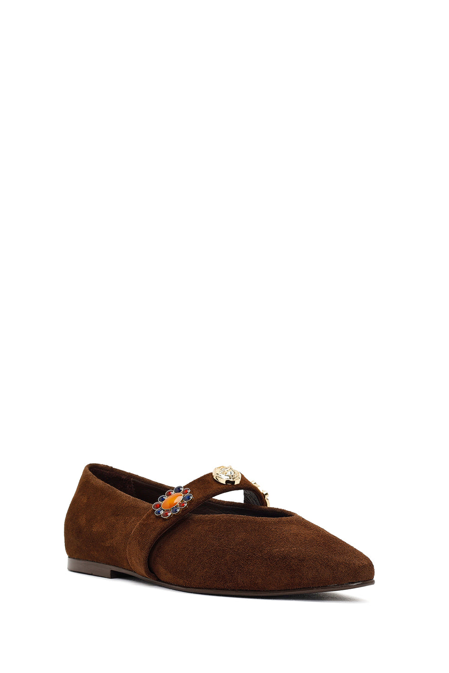 Women's Brown Suede Leather Ballet Flats with Rhinestones