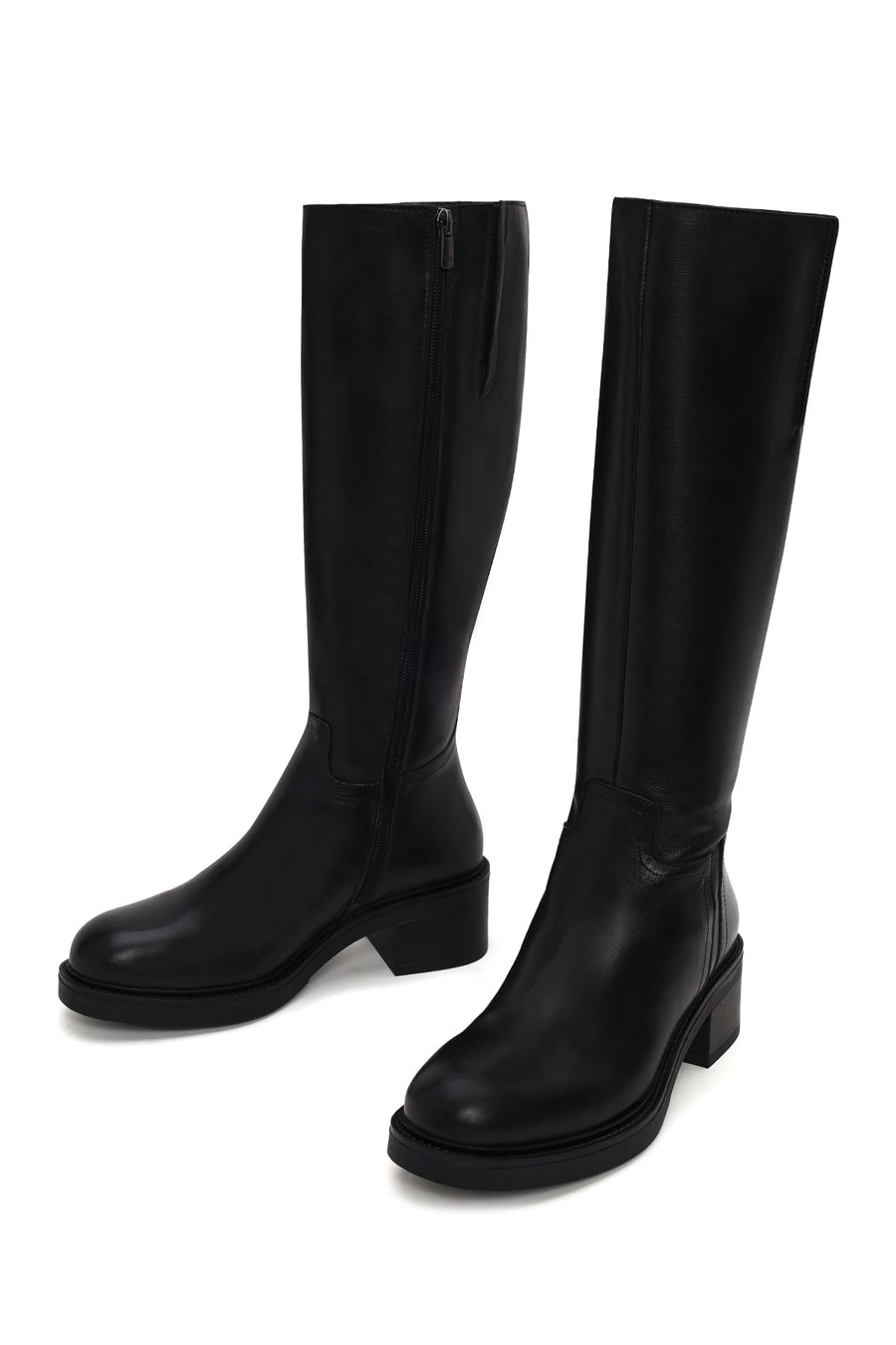 Woman Black Zip Closure Chunky Heeled Leather Boots