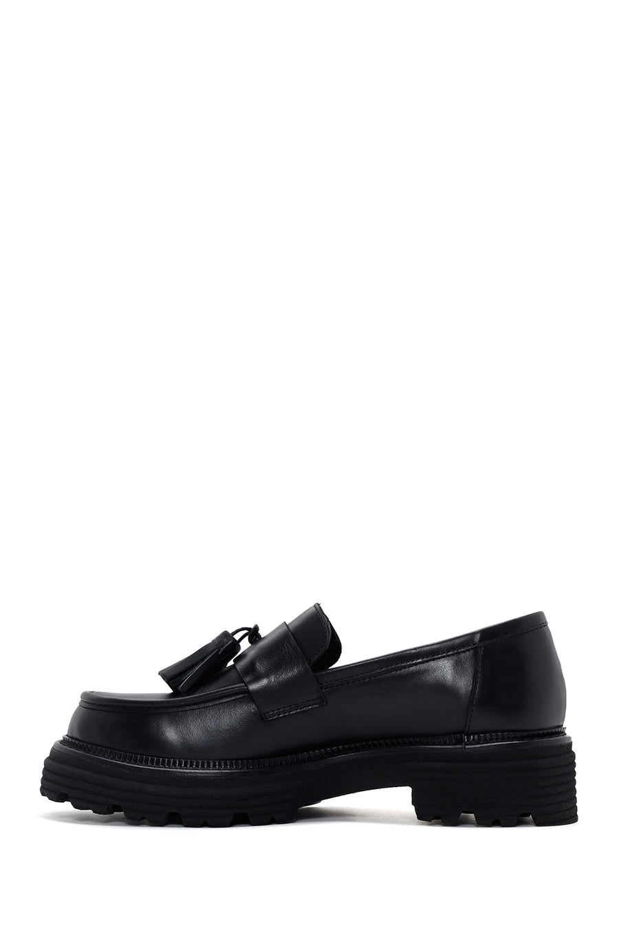 Women's Black Thick Soled Tasseled Casual Leather Loafer