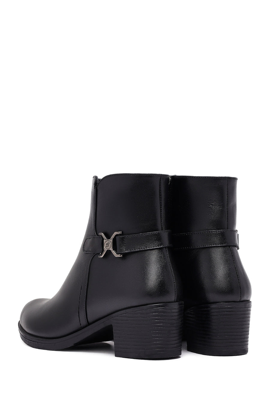 Woman Black Zip Closure Thick-Heeled Leather Boots