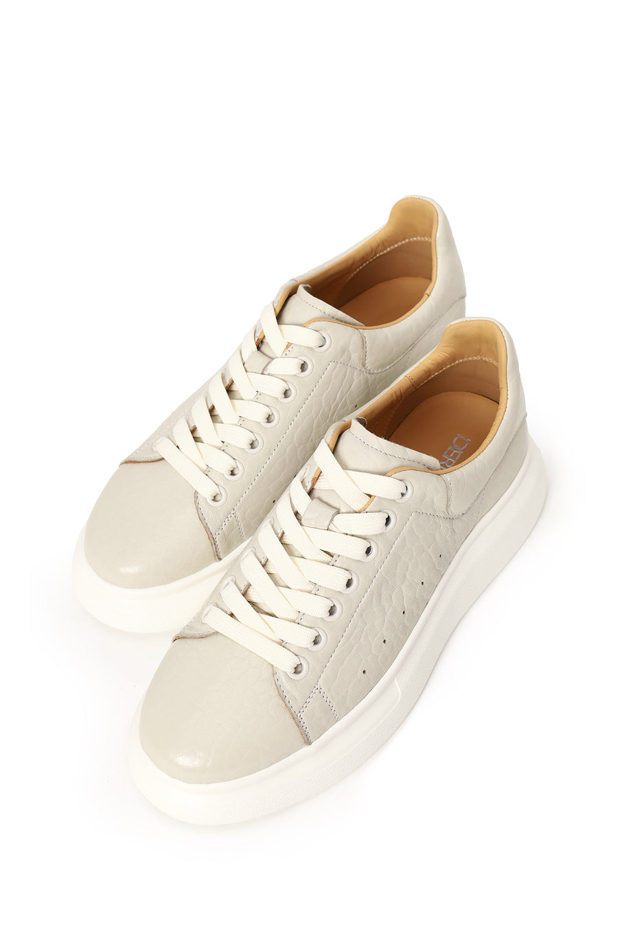 Erkek Beyaz Bağcıklı Kalın Tabanlı Desenli Deri Sneaker