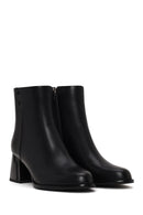 Woman Black Zip Closure Thick-Heeled Leather Boots | Derimod