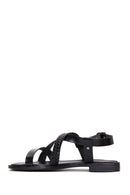 Women's Black Knitted Detailed Leather Bodrum Sandals | Derimod
