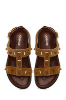 Woman Tan Embellished Suede Sandal | Derimod