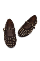 Woman Brown Stone-Embellished Leather Ballet Flat | Derimod