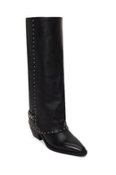 Woman Black Studded Chunky-Heeled Leather Cowboy Boots | Derimod