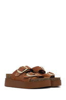 Women's Tan Double Buckle Thick Sole Suede Leather Slippers | Derimod