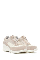 Woman Beige Lace-Up Wedge-Heel Suede Leather Sneaker | Derimod