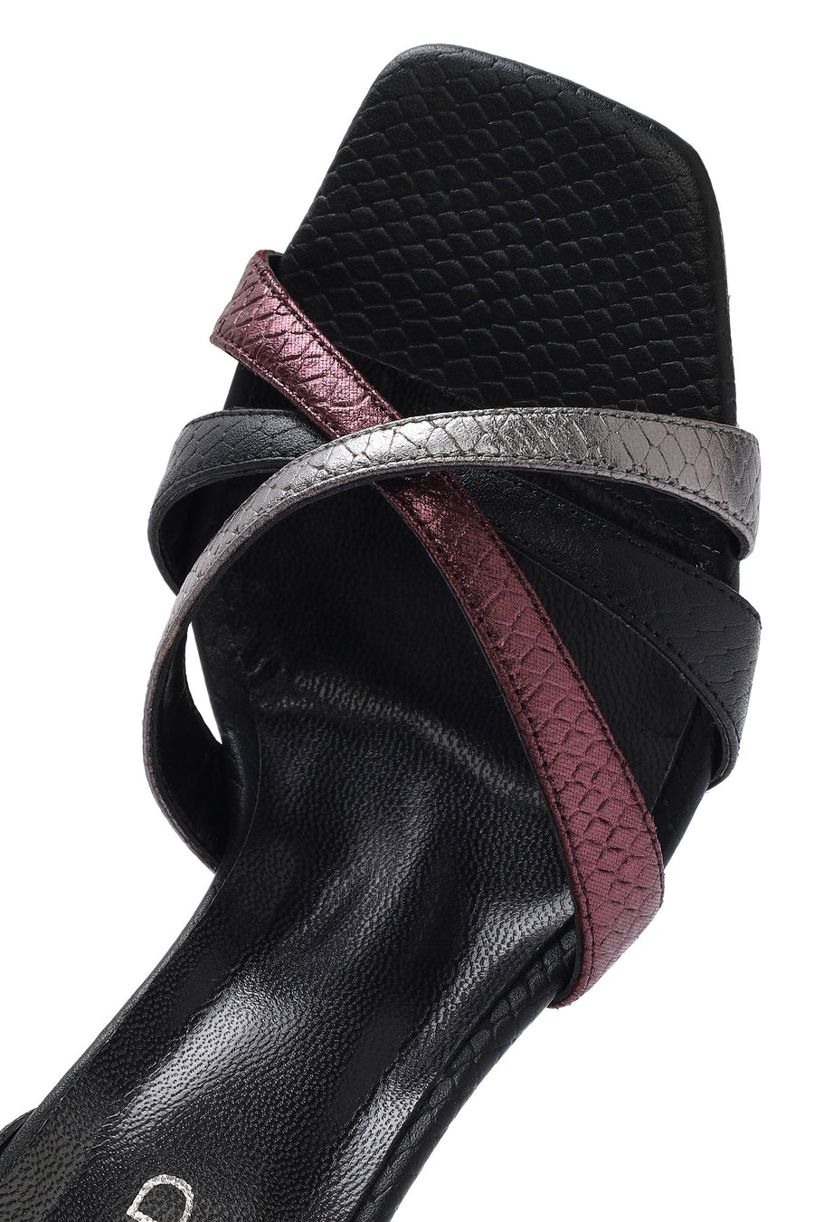 Women's Black Ankle Strap Thin High Heel Patterned Leather Sandals