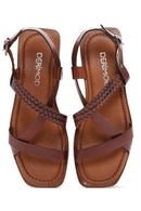 Women's Brown Knitted Detailed Leather Bodrum Sandals | Derimod
